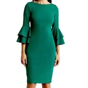Calvin Klein Green Sheath Dress with Bell Sleeves New